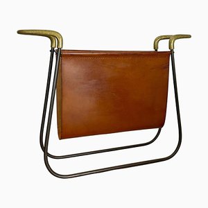 Brass and Brown Leather Magazine Holder by Carl Auböck, 1950s-QZ-1743366