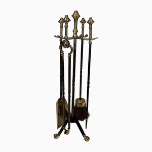 Brass and Brushed Steel Fireplace Tools with Stand attributed to the Maison Jansen, 1940s, Set of 5-BA-1784746