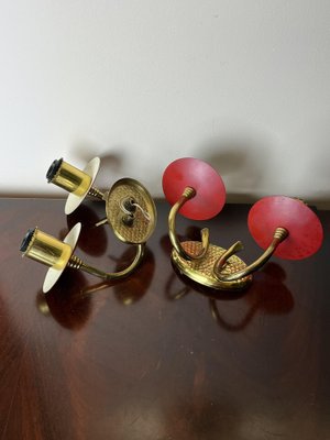 Brass and Colored Aluminum Wall Lamps, Italy, 1950s, Set of 2-YST-1780511