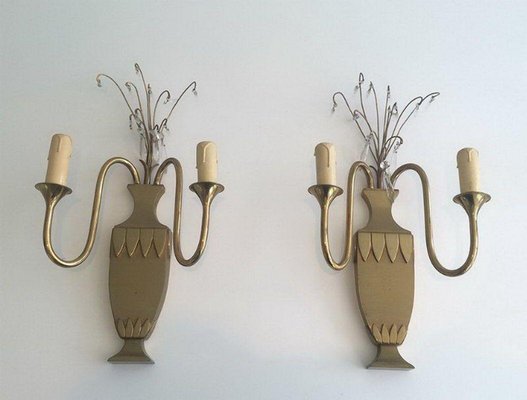 Brass and Crystals Wall Lights, 1940s, Set of 2-BA-1365738