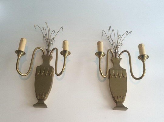 Brass and Crystals Wall Lights, 1940s, Set of 2-BA-1365738