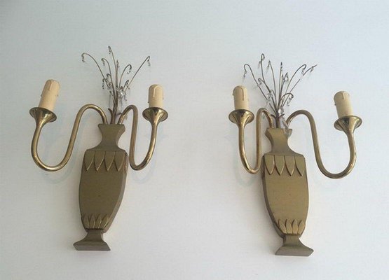 Brass and Crystals Wall Lights, 1940s, Set of 2-BA-1365738