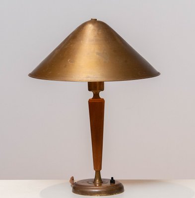 Brass and Elm Table Lamp in the style of Harald Elof Notini for Böhlmarks, 1940s-JE-1369438