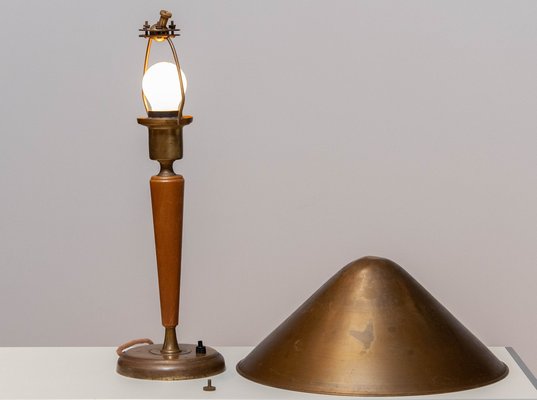 Brass and Elm Table Lamp in the style of Harald Elof Notini for Böhlmarks, 1940s-JE-1369438