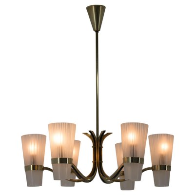 Brass and Glass Chandelier in Lyfa Style, Denmark, 1970s-TZ-999773