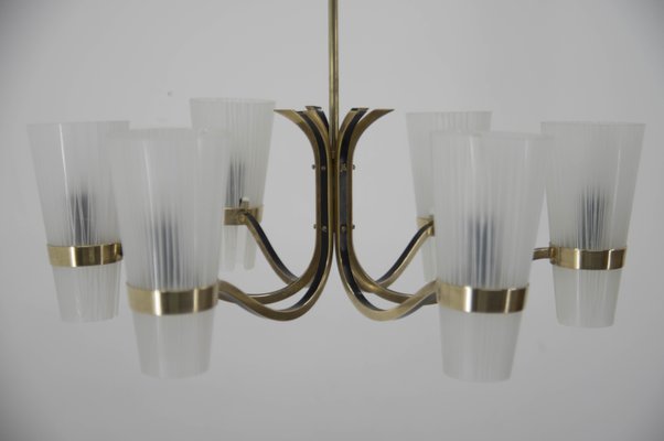 Brass and Glass Chandelier in Lyfa Style, Denmark, 1970s-TZ-999773