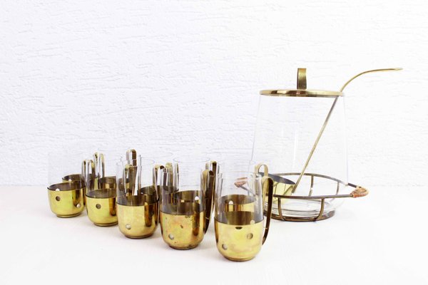 Brass and Glass Orangeade Set, 1960s, Set of 12-BQF-716072