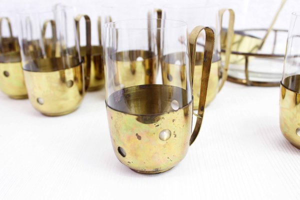 Brass and Glass Orangeade Set, 1960s, Set of 12-BQF-716072