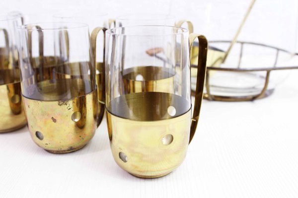 Brass and Glass Orangeade Set, 1960s, Set of 12-BQF-716072