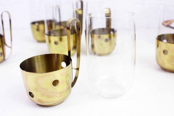 Brass and Glass Orangeade Set, 1960s, Set of 12-BQF-716072