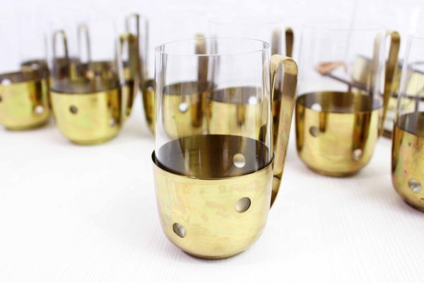 Brass and Glass Orangeade Set, 1960s, Set of 12-BQF-716072