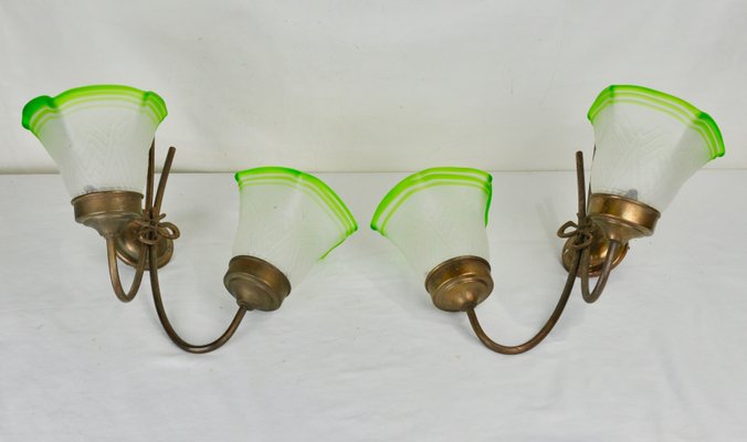 Brass and Glass Sconces, 1940s, Set of 2-ROJ-625494