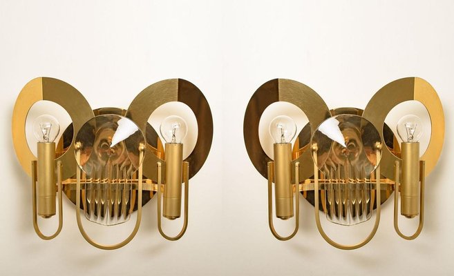 Brass and Glass Wall Sconces by Gaetano Sciolari, 1970s, Set of 2-VDW-884092