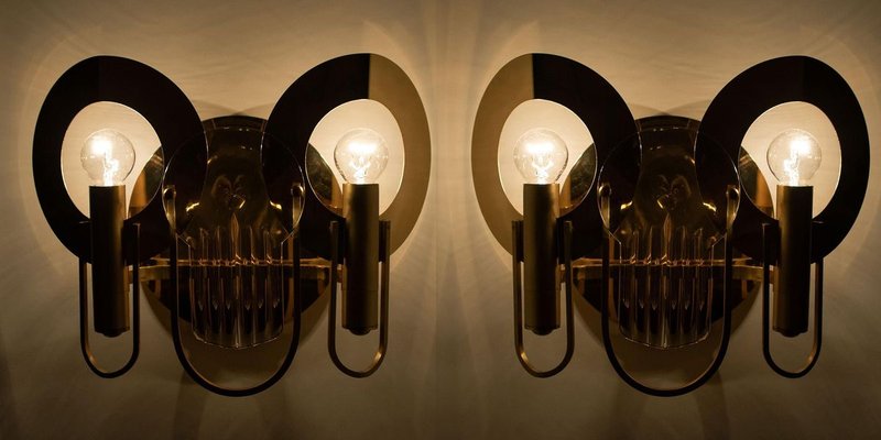 Brass and Glass Wall Sconces by Gaetano Sciolari, 1970s, Set of 2-VDW-884092