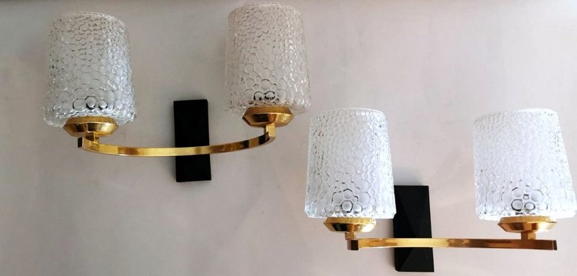 Brass and Half Crystal Sconces in the Style of Maison Arlus, 1957, Set of 3-QRS-821720