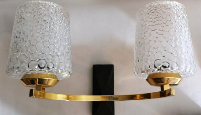 Brass and Half Crystal Sconces in the Style of Maison Arlus, 1957, Set of 3-QRS-821720