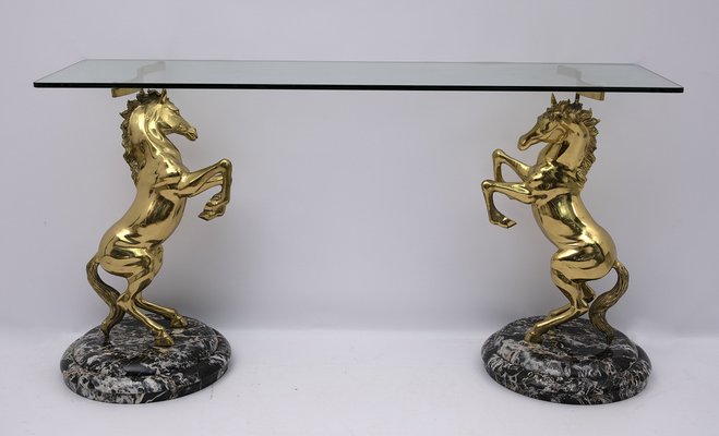 Brass and Marble Base Console Table with Horses, Italy, 1970-FER-970017