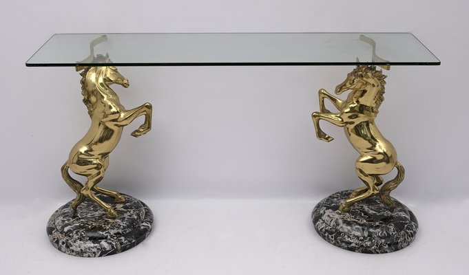 Brass and Marble Base Console Table with Horses, Italy, 1970-FER-970017