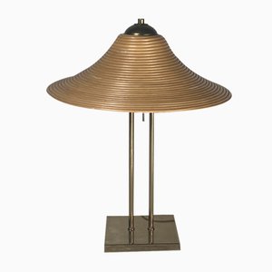 Brass and Pencil Reed Rattan Table Lamp, Italy, 1970s-BHG-1741612