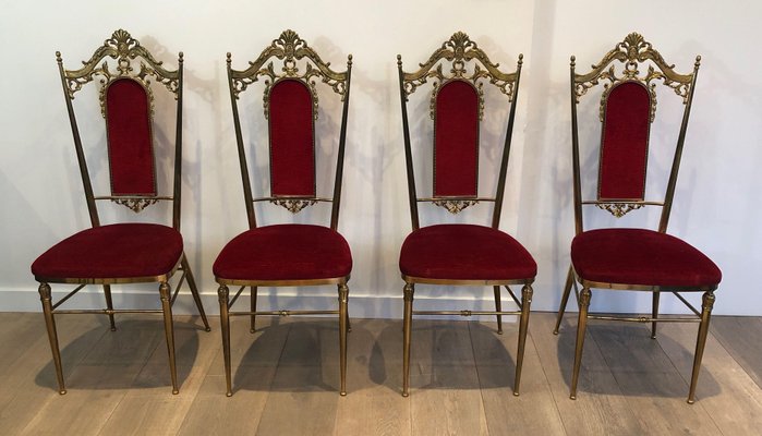 Brass and Red Velvet Chairs, Set of 4-BA-1365427