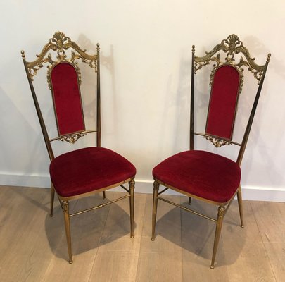 Brass and Red Velvet Chairs, Set of 4-BA-1365427