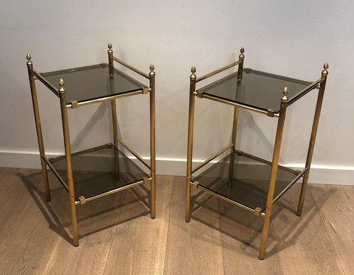 Brass and Smoked Glass Side Tables, 1940s, Set of 2-BA-1377729