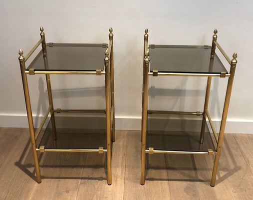 Brass and Smoked Glass Side Tables, 1940s, Set of 2-BA-1377729