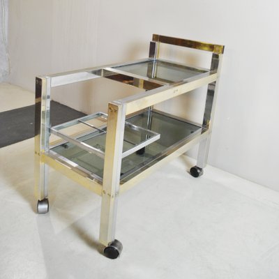 Brass and Steel, Smoked Glass Shelves Liqueurs Bottle Trolley, 1970s-JQO-1143631