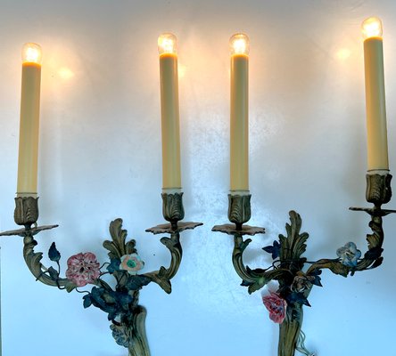 Brass and Tole Floral Wall Sconces, France, 1940s, Set of 2-WZZ-1436306