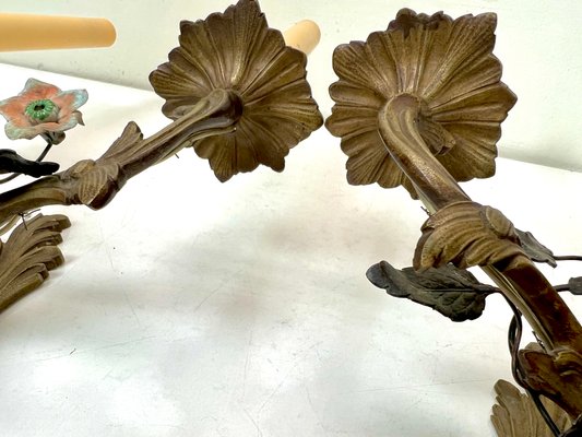 Brass and Tole Floral Wall Sconces, France, 1940s, Set of 2-WZZ-1436306