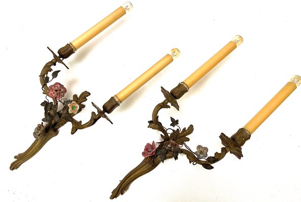 Brass and Tole Floral Wall Sconces, France, 1940s, Set of 2-WZZ-1436306