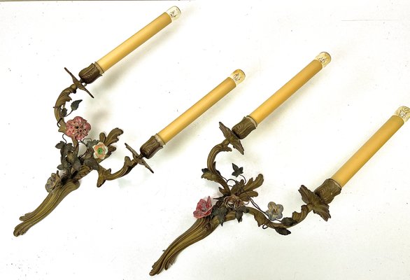 Brass and Tole Floral Wall Sconces, France, 1940s, Set of 2-WZZ-1436306