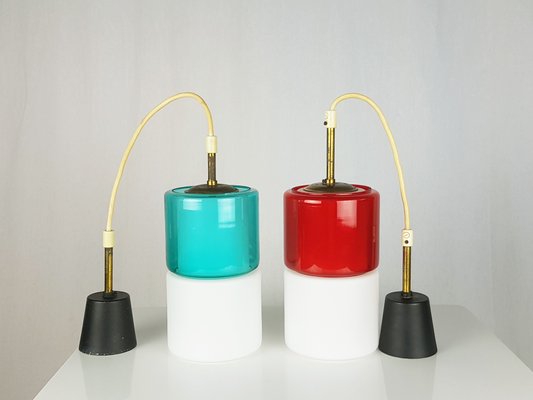 Brass and White, Azure & Red Glass Shades Pendant Lamps, 1950s, Set of 2-RD-2018086