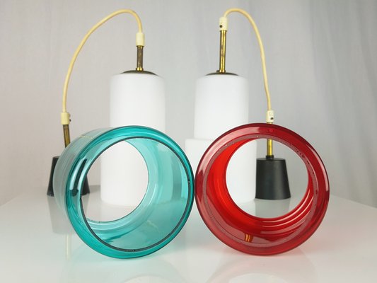 Brass and White, Azure & Red Glass Shades Pendant Lamps, 1950s, Set of 2-RD-2018086