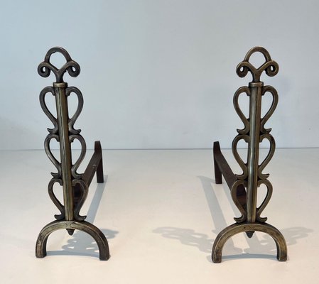 Brass and Wrought Iron Chenets in the style of Raymond Subes, 1940s, Set of 2-BA-1787267