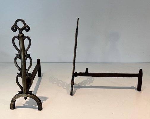 Brass and Wrought Iron Chenets in the style of Raymond Subes, 1940s, Set of 2-BA-1787267