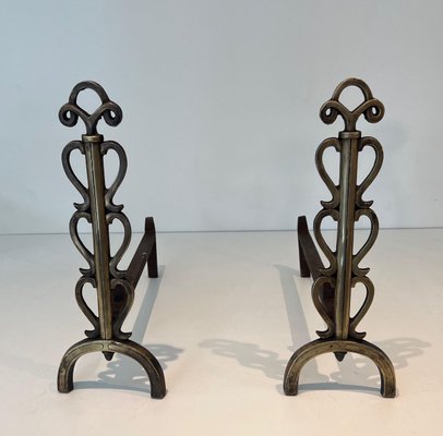 Brass and Wrought Iron Chenets in the style of Raymond Subes, 1940s, Set of 2-BA-1787267