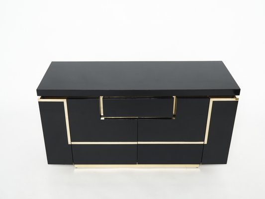 Brass Black Lacquered Sideboard Bar Cabinet by Jean Claude Mahey for Roche Bobois, 1970s-YJA-1071248