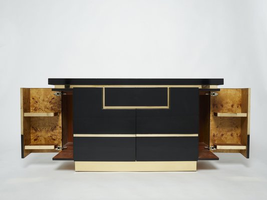 Brass Black Lacquered Sideboard Bar Cabinet by Jean Claude Mahey for Roche Bobois, 1970s-YJA-1071248