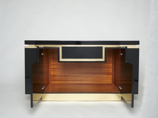 Brass Black Lacquered Sideboard Bar Cabinet by Jean Claude Mahey for Roche Bobois, 1970s-YJA-1071248