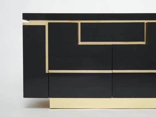 Brass Black Lacquered Sideboard Bar Cabinet by Jean Claude Mahey for Roche Bobois, 1970s-YJA-1071248