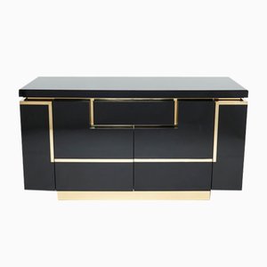 Brass Black Lacquered Sideboard Bar Cabinet by Jean Claude Mahey for Roche Bobois, 1970s-YJA-1071248