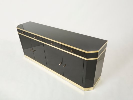 Brass & Black Lacquered Sideboard by Jean Claude Mahey for Maison Roméo, 1970s-YJA-1072887