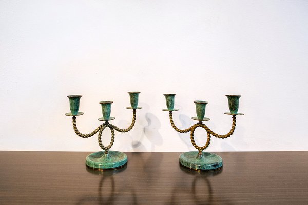 Brass Candleholders in Oxidized Brass, Italy, 1940s, Set of 2-VCV-1821242