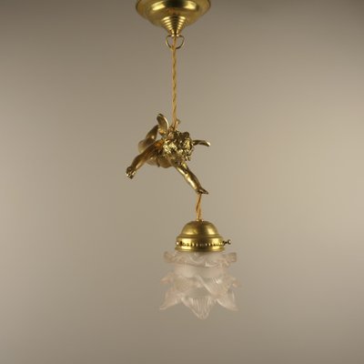 Brass Ceiling Lamp with Putto, France, 1910s-KDB-1754673