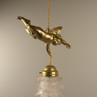 Brass Ceiling Lamp with Putto, France, 1910s-KDB-1754673