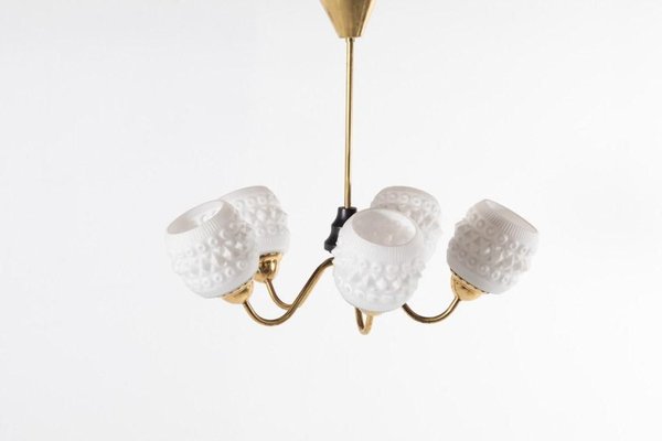 Brass Ceiling Lamp with White Crystal Shades, Sweden, 1950s-KMC-895991