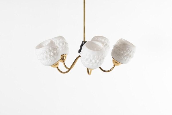 Brass Ceiling Lamp with White Crystal Shades, Sweden, 1950s-KMC-895991