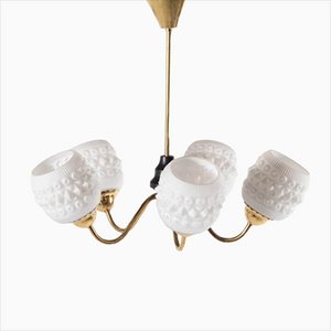 Brass Ceiling Lamp with White Crystal Shades, Sweden, 1950s-KMC-895991