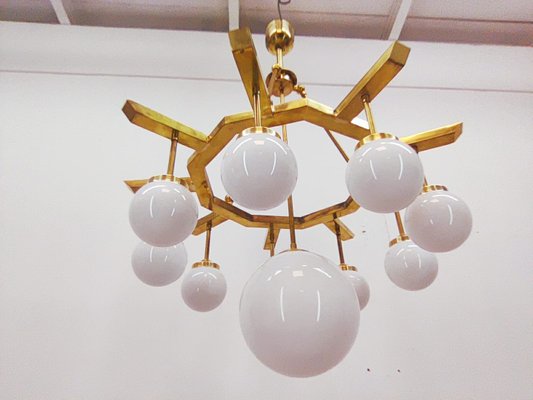 Brass Chandelier with 10 White Globe Lights-QLH-957994